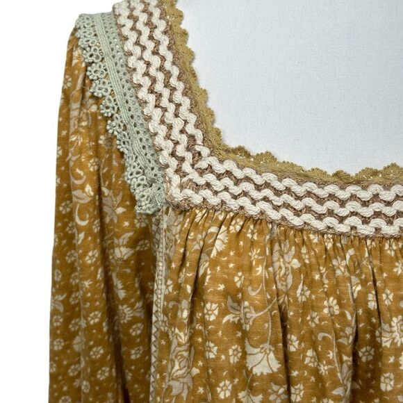 Rachel Zoe Tunic Boho Yellow Mustard Embroidery Balloon Sleeve Cotton Size L - Picture 5 of 11